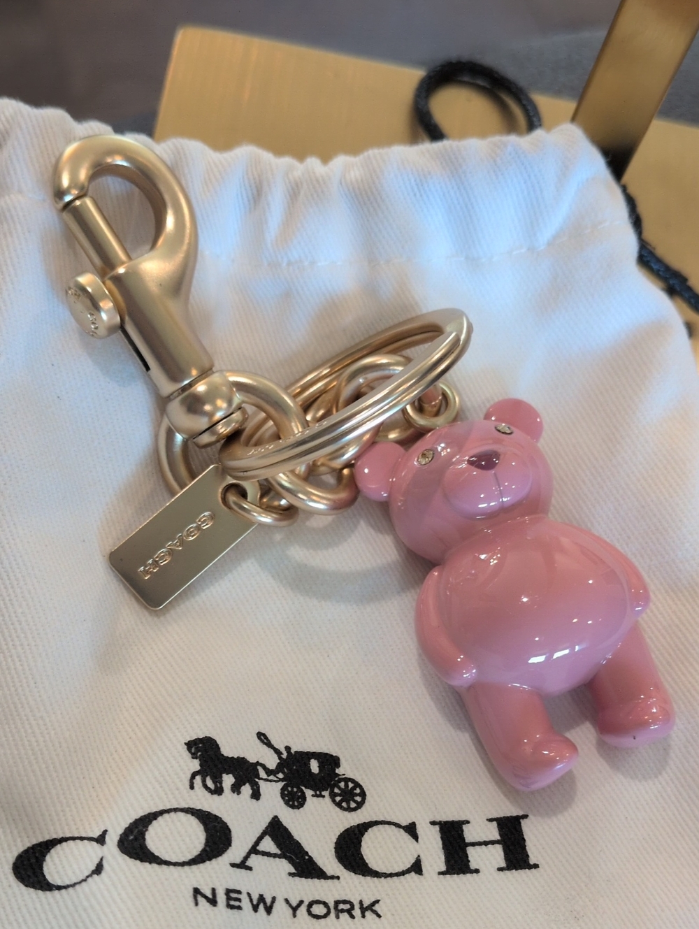 Coach Bear Charm Pink Key Ring with Gold Hardware